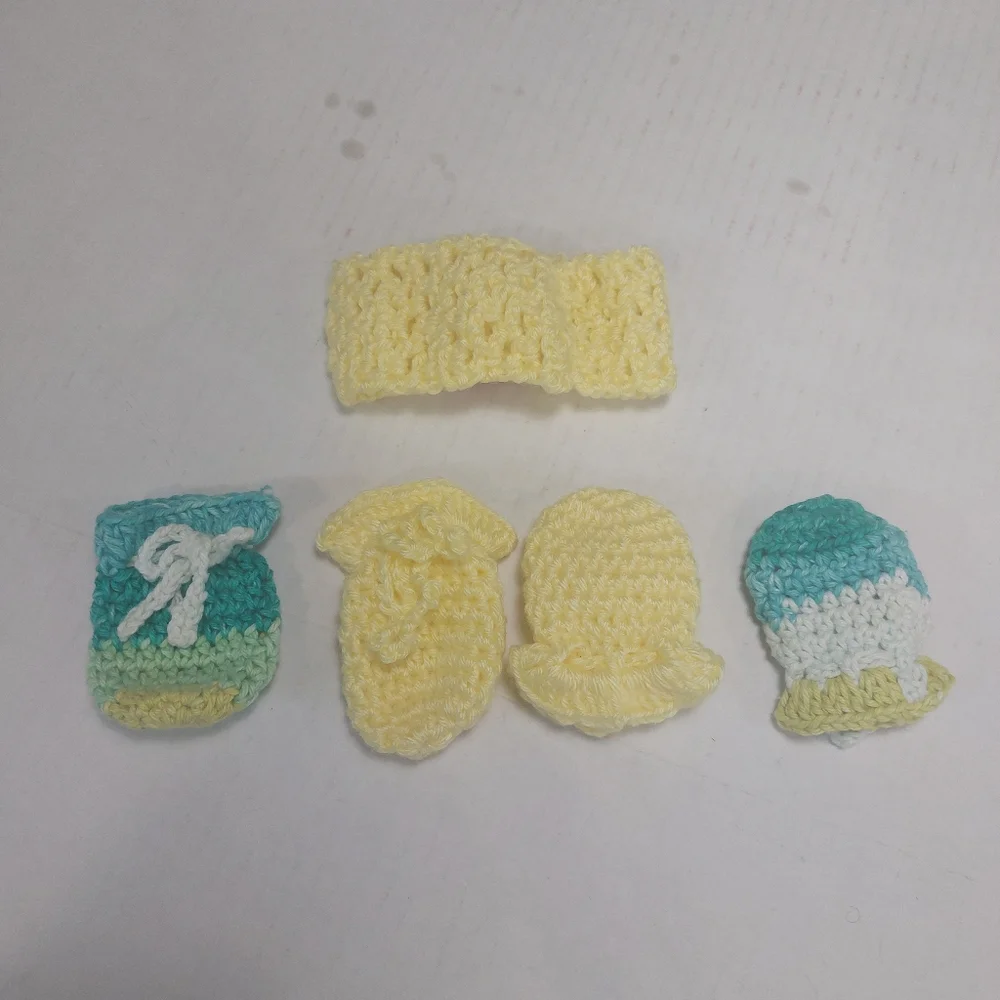 Baby Girl Mitten and Headband. Yellow Red and Blue